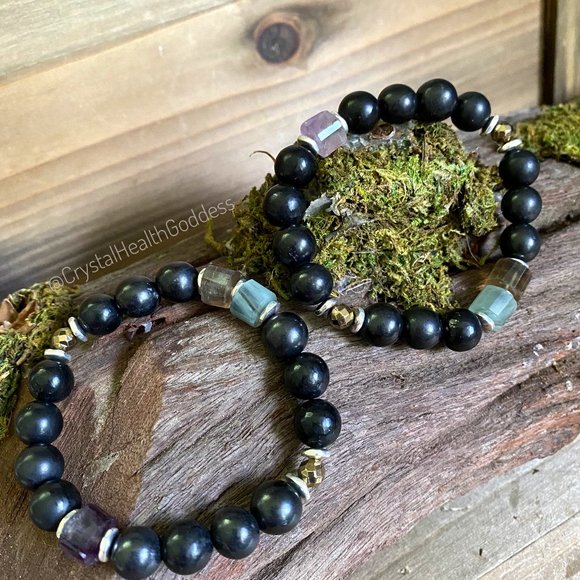 Shungite Fluorite Golden Pyrite Bracelet - Picture 7 of 9